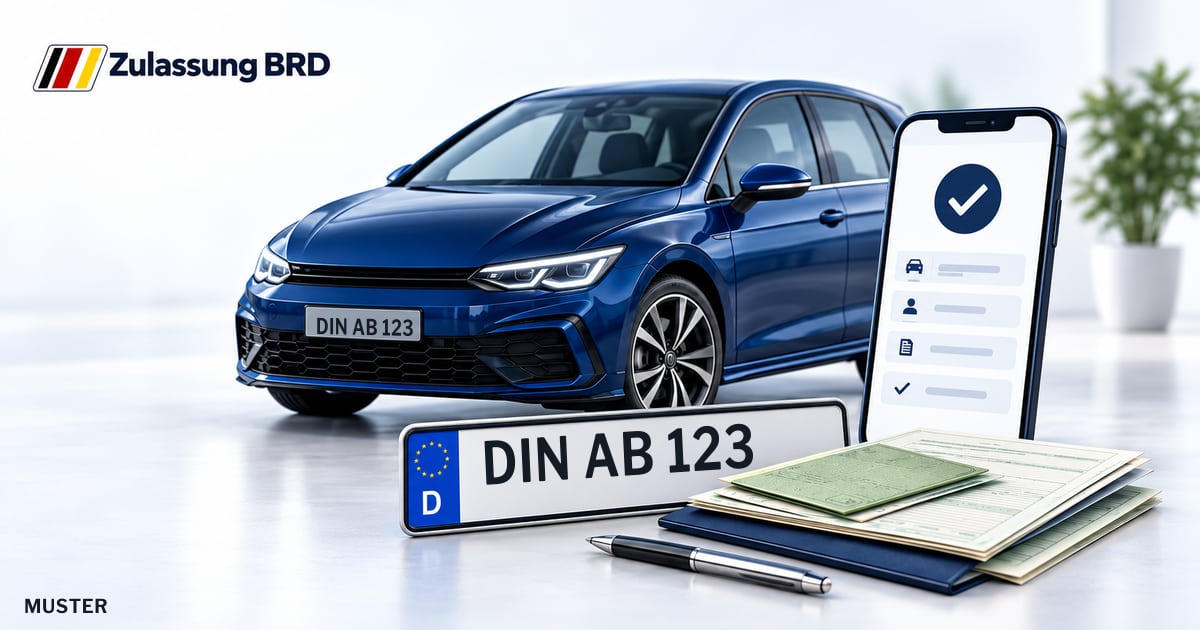 Online Fahrzeugzulassung in Dinslaken: Musterkennzeichen DIN AB 123, Auto und Fahrzeugpapiere und Smartphone. Illustration mit Logo von Zulassung BRD.